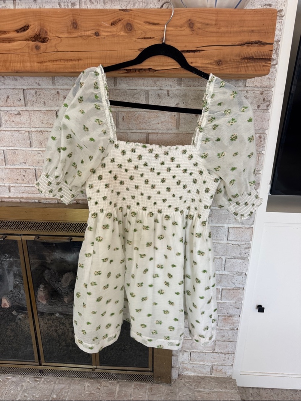 Hill House White Smocked dress with Green Floral